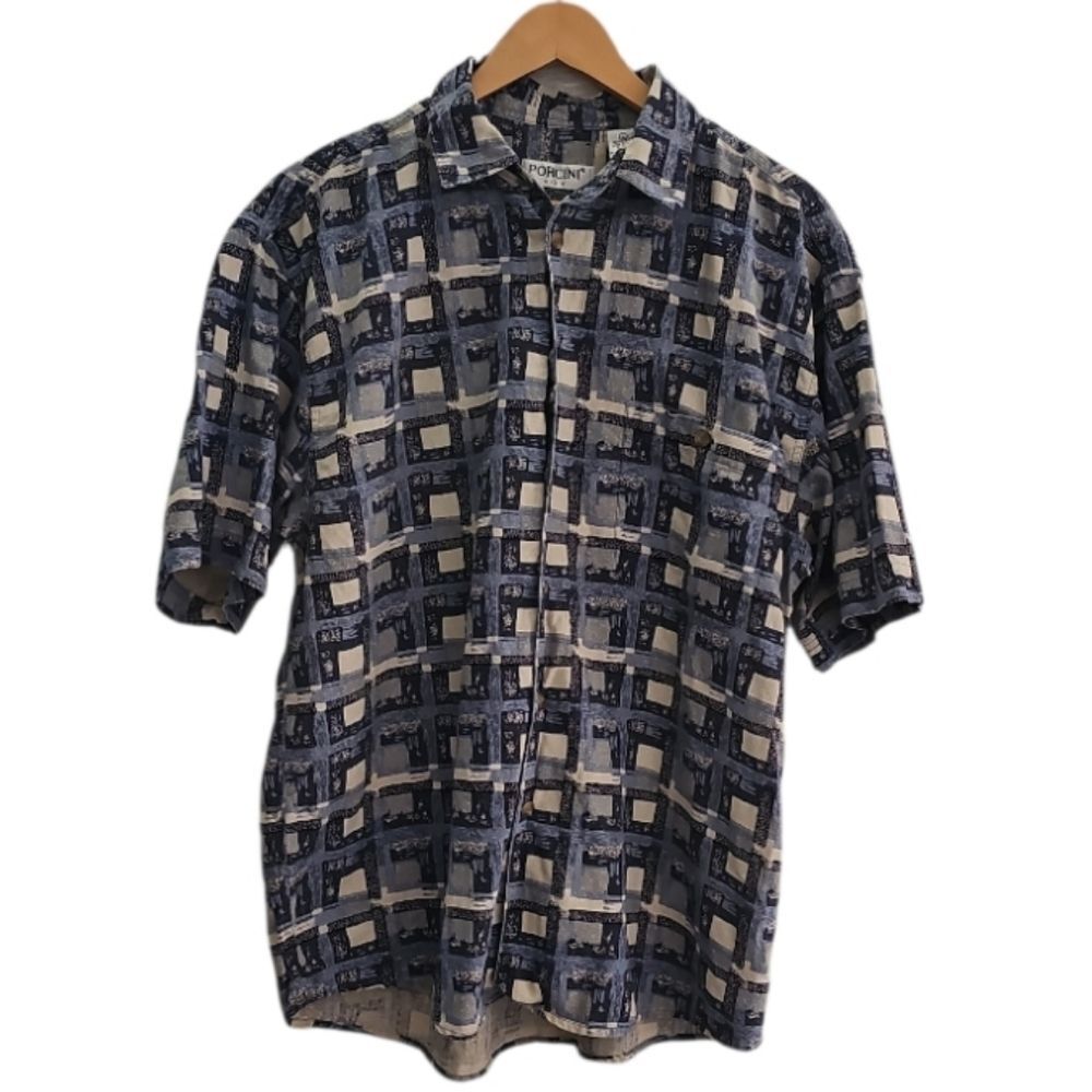 Porcini 100% Silk Shirt Men’s L Blue Geometric Short Sleeve Button Up Vacation